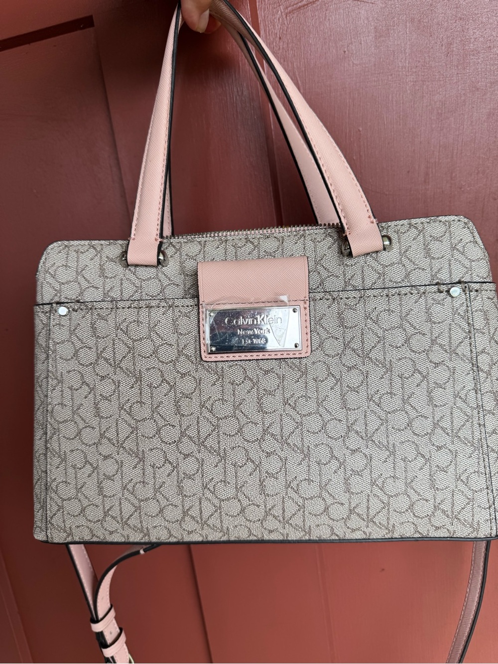 Calvin Klein Pink and Beige Logo Satchel